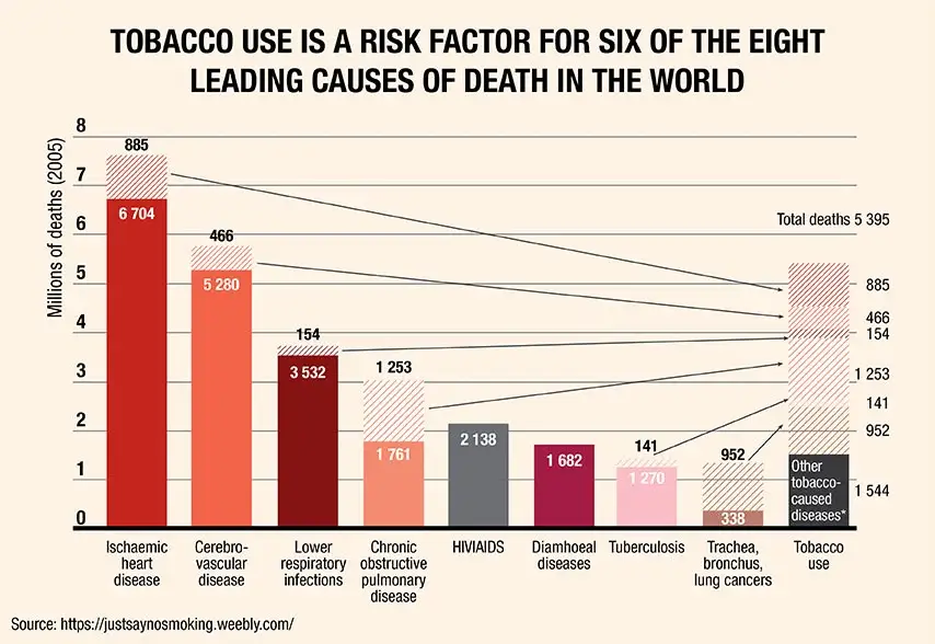 Tobacco use is a risk factor six of the eight leading causes of death in the world